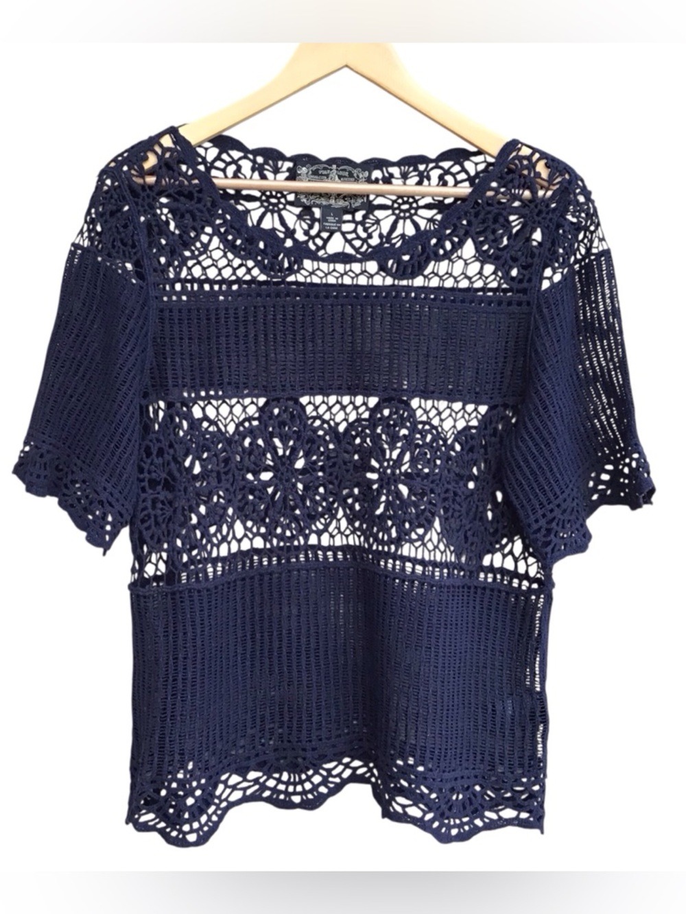 Anthropologie James Coviello Blue Crochet Lace Short Sleeve Top Large